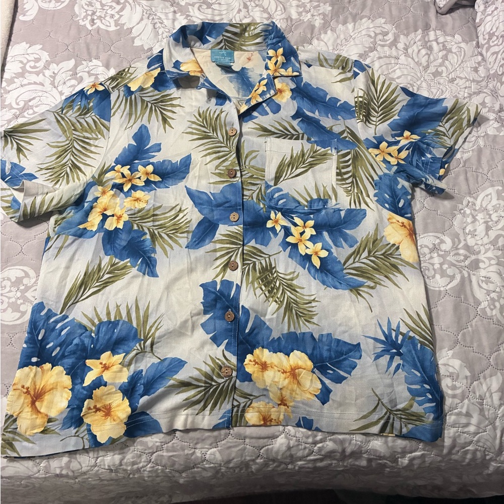 august silk Blue and Yellow Tropical Floral Shirt
